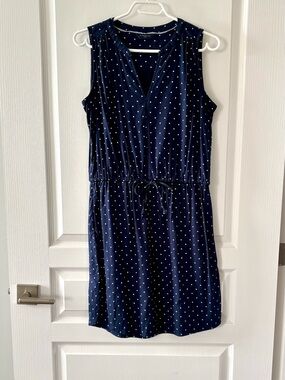 Denver Hayes Navy With White Polka Dot Drawstring Waist Dress